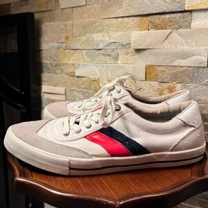 Men’s Sz 11.5 Penguin White Red Blue Lace Up Suede Leather Shoe Sneaker EUC